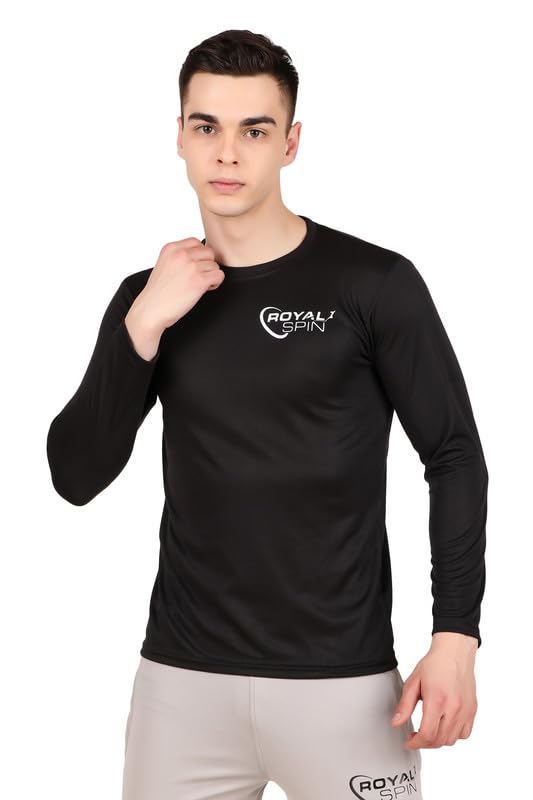 ROYAL SPIN Men’s Polyester Lycra Full Sleeve Round Neck Strachable Casual Small Logo T- Shirt for Men’s