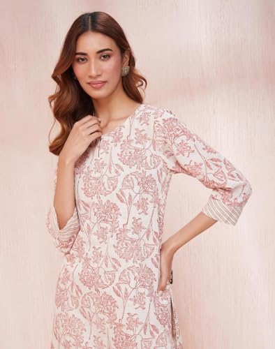 Fabindia Women's Cotton Printed Regular Kurta (1035798Natural- Off White-Red