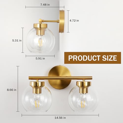 Image of Gold Vanity Light, 2 Light Bathroom Vanity Light with Clear Globe Glass Shades, Modern Bathroom Light Fixture Over Mirror, Brass Wall Sconce Light for Bedroom Restroom, E26 Socket
