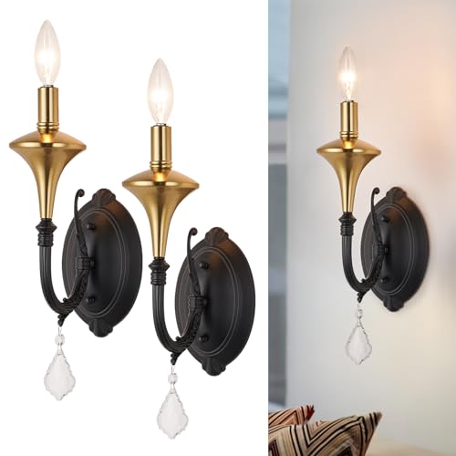 Image of Farmhouse Wall Sconces Set of 2, Black Modern Industrial Wall Sconces Indoor E12 Base with Crystal Decoation,Vintage Rustic Bedside Wall Mount Light Fixture for Bedroom Living Room Stairway