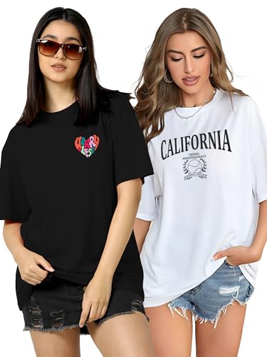 Image of TQH Tshirt for Women | Oversized T Shirt for Woman | Tops for Women Western | Women's Tops | Pack of 2 Cotton Blend Drop Shoulder Printed Loose Fit Casual T-Shirts for Summer College Travel