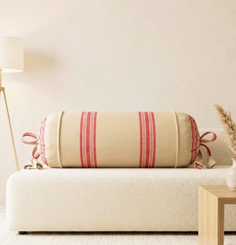 Image of SAJAVAT HOME Bolster Cover Pack of 1, Light Yellow Red Stripe Cotton Bolster Pillow Covers with Tie Closure | Round Pillow Cover Set for Bed, Sofa & Side Pillow | 16x32 Inch