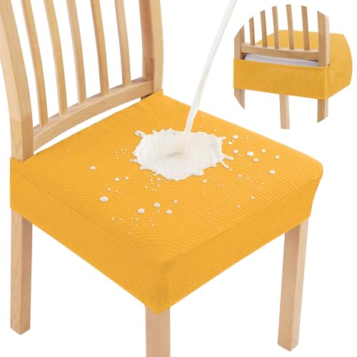 Image of Smiry Waterproof Seat Covers for Dining Room Chairs, No Rear Covers | Stretch Jacquard Removable Washable Chair Seat Slipcovers Protector, Set of 6, Mustard Yellow