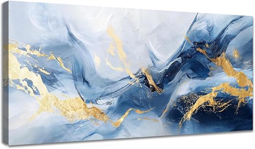 Impression sur toile abstraite bleu marine et doré grand format 55x110 cm pour salon
