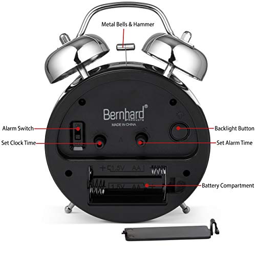 Image of Bernhard Products Metal Analog Alarm Clock Twin Bell Silver 4 inch Extra Loud Quartz Battery Operated with Backlight, Silent Non-Ticking, Vintage Retro Antique Decorative Old School