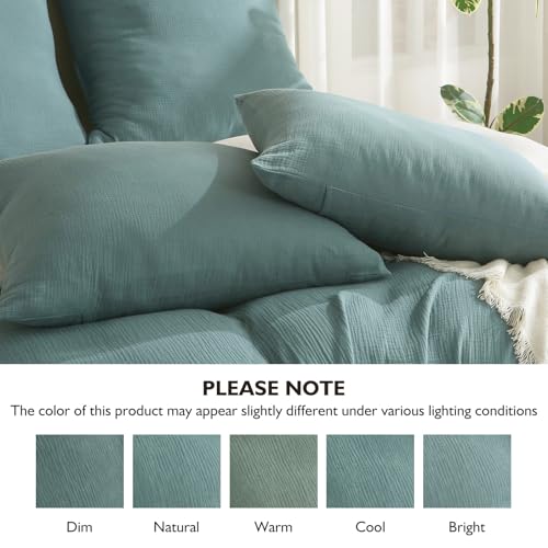 Image of EMME Cotton Muslin Duvet Cover Set Queen Size Linen Like Soft Breathable Lightweight Summer Comforter Cover Set with Zipper Closure (Teal&White, Queen, 90 inchx90 inch)
