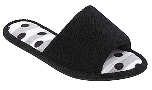 Dearfoams Women's Slide Scuff Slippers with Memory Foam (Medium, Black/Striped Polka Dot)