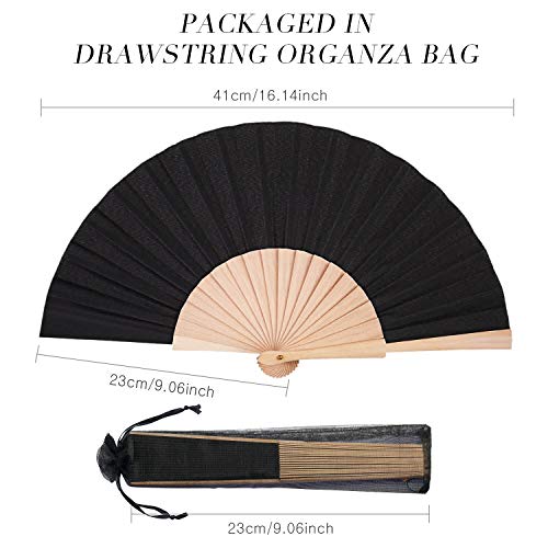4 Pieces Wooden Folding Fan Fabric Handheld Fans Craft Decoration Fan With Drawstring Organza Bags For Men Women Girls Party Supply (Black) #TOP3