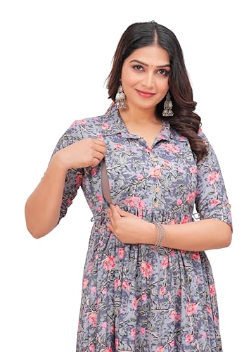 Image of Maternity Feeding Anarkali Kurti Dress for Women | Cotton Nursing Kurta with Both Side Zippers | Pregnancy & Nursing Wear | Comfortable Ethnic