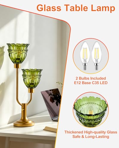 Lámpara de mesa vintage con vidrio verde y base dorada miniatura 6