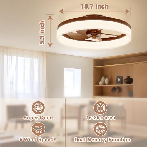 Image of VOLISUN Farmhouse Ceiling Fans with Lights and Remote, 19.7in Low Profile Ceiling Fan Flush Mount, 3000K-6500K Dimmable Bladeless LED Fan Light, Fandelier Ceiling Fans with Lights for Bedroom(Walnut)