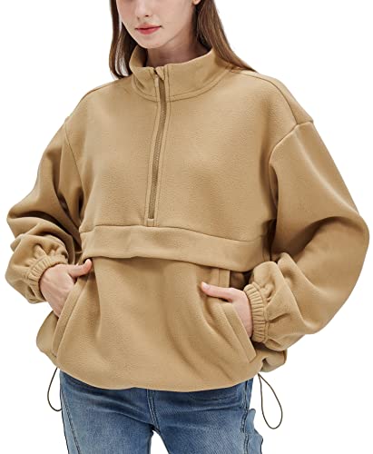 Hebelala Women Zip Up Long Sleeve White Oversized Sweatshirt Fleece Sherpa Half Zip Pullover Fall Spring Fashion Clothes #TOP1