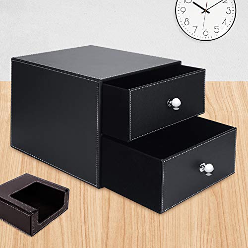 Leather Desk Organizer with 3 Drawers PU Leather Desk Filing Cabinet Desktop Filing A4 File Organization Cabinet Executive Office Supplies Document Holder Cabinet Drawer Stackable Storage Box - Thumbnail 5