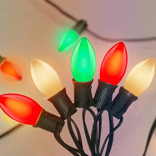 Image of C9 LED Christmas Lights Outdoor 25Ft Outdoor Christmas Decorations String Lights Waterproof with 26 C9 LED Red White and Green Bulbs, Hanging Vintage Christmas Light for Garden Party Pathway Roofline