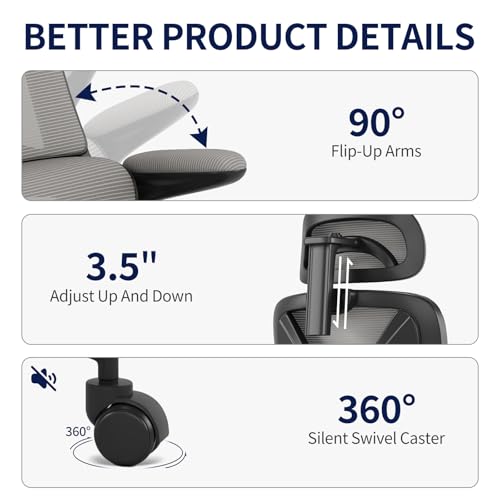 Apusen Ergonomic Office Chair - Desk Chair with Adjustable Headrest Lumbar Support Computer Chair - Mesh Comfy Chair with Flip-up Armrests - Gaming Chairs for Adults Home Office 330 LBS (Black+Gray) - image 5