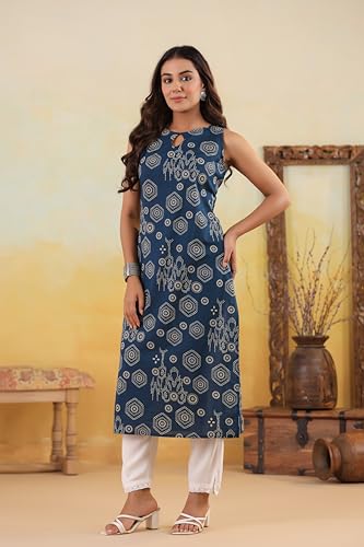 Image of Ichaa Women's All-Over Printed Sleeveless Kurta | Regular Fit Ethnic Kurta | Round Neck Straight Fit Kurta