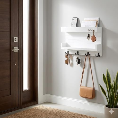 Image of Key Holder for Wall with Mail Shelf & 4 Hooks | Engineered Wood (White, 36D x 23W x 10H Centimeters)