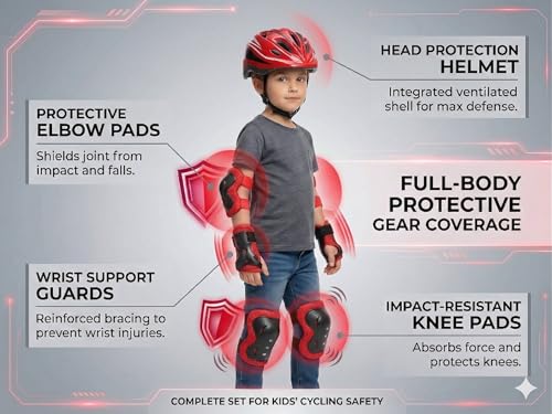 Image of JERN 7 Pieces Kids Children Plastic Roller Skating Bicycle Cycling Scooter Helmet Knee Elbow Pad Wrist Guard Set (Red)