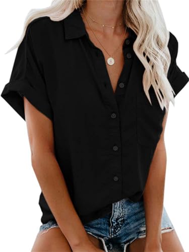 Friptspyg Bluse Damen Lässiges Kurzarm Hemdbluse Sommer V-Ausschnitt 100% Baumwolle Solide Blusenshirt Elegant Oberteile mit Tasche, Schwarz L