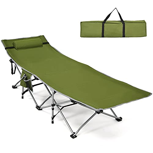 Goplus Folding Camping Cot, Heavy-Duty Comfortable Cot Bed for Adults Kids w/Side Storage Pocket, Carrying Bag, Detachable Headrest, Outdoor Portable Sleeping Cot for Camp Backpacking Traveling