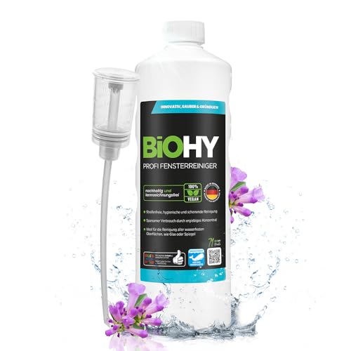Biohy Detergente Per Finestre Professionale (Bottiglia Da 1L) + Distributore | Detergente Concentrato Per Vetri | Adatto Ai Pulitori A Vuoto Per Vetri