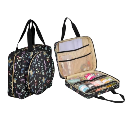Square Cross Stitch Kit Bag with Pockets, Black Leaves