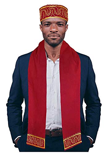 Red and Gold Embroidered African Hat and Sash/Scarf2