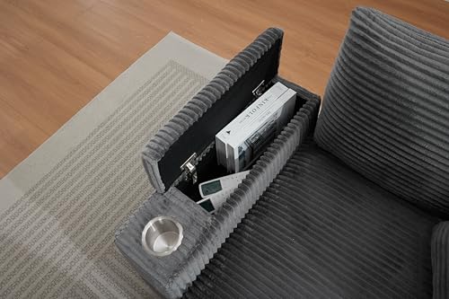Image of 50 inch Corduroy Upholstered Chaise Lounge Chair Indoor, Modern Lazy Sofa with Storage Armrest, Sleeper Couch with Cup Holders for Living Room, Grey