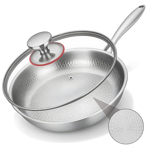 VeftBltrem Sartén de titanio con tapa, sartenes de titanio con patrón martillado para cocinar, resistente a los arañazos, antiadherente, sartén de titanio Pro Inducción, para cocina y camping (26 cm)