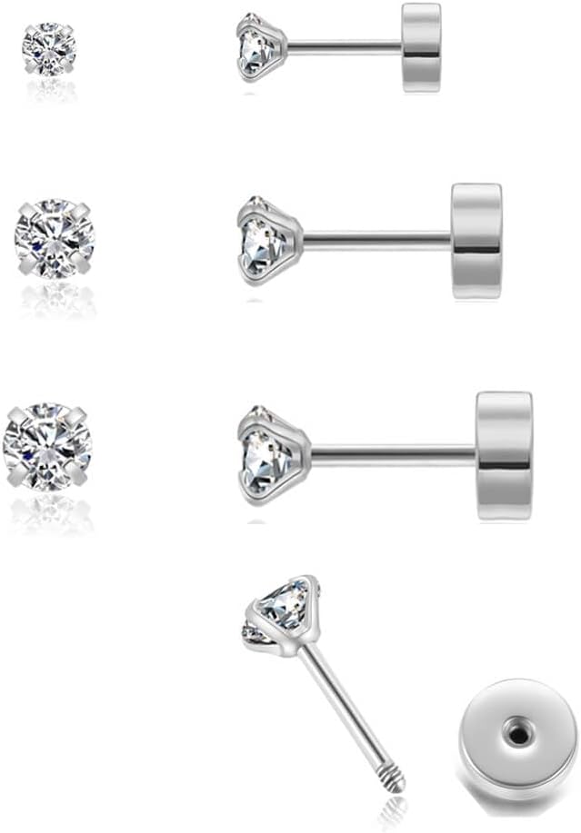 3Pairs CZ Stud Flat Screw Back Earrings for Women Multiple Piercing,Dainty Flatback Cubic Zirconia Cartilage Earring Stud,Helix Tragus Conch Piercing Jewelry