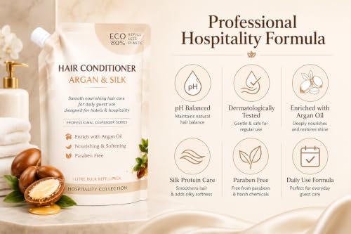 Image of Hair Conditioner Refill Pack 1 Litre | Argan & Silk | Professional Hospitality Conditioner for Hotels, Resorts & Guest Houses | Paraben Free | Dispenser Refill Pouch