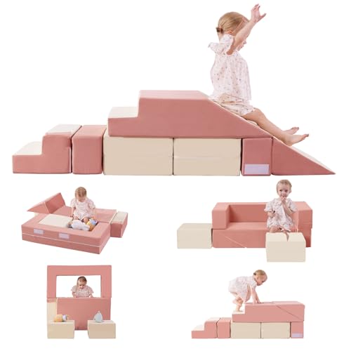 Best Nugget Couch for Kids: Soft, Modular, and Perfect for Playrooms 8 MOOZHEALTH Toddler Foam Climbing Blocks|Modular Kids Soft Play Couch Sofa with 2 Ottomans Indoor,Baby Crawling & Sliding Foldable Soft Play Set with Stair,Beige & Pink