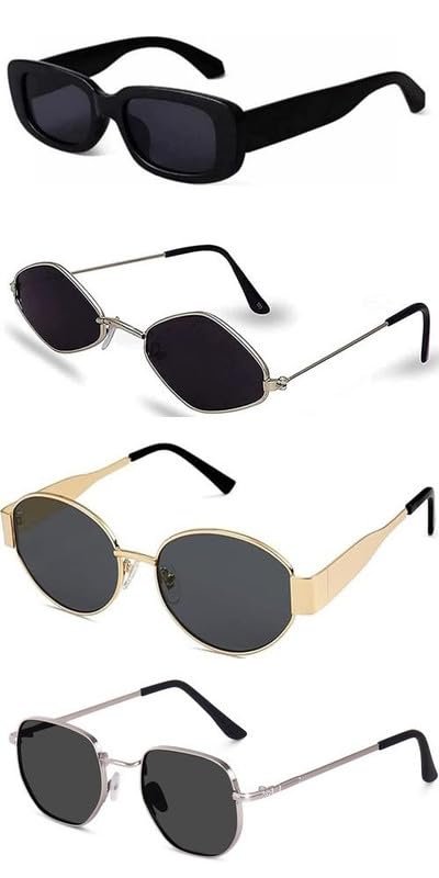 sheomy Unisex combo offer pack of 4 shades Unisex Fashion Sunglasses Set, 4 Pairs, Metal Frame, Black and Silver - Combo4-12030-picture-27
