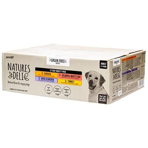 Natures Deli Wet Dog Food for Adult Dogs, Grain Free Recipe, Natural and Complete Food Variety Pack - 3 x Chicken, 3 x Salmon & White Fish, 3 x Duck & Chicken, 3 x Turkey - 395g - 12 Packs, Brown Cover