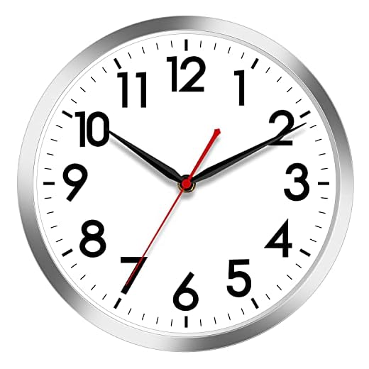 AKCISOT Wall Clock 10 Inch Silent Wall Clocks Battery Operated Non Ticking - Modern Silver Clock Decorative for Kitchen, Bathroom, Bedroom, Living Room, Office, Home(Silver)