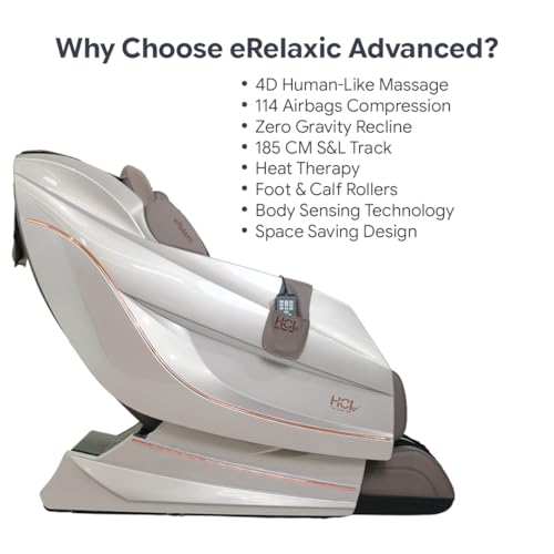 Image of HCI eRelaxic Advanced Electric Massage Chair with 114 Airbags & 185 CM S&L Track Full-Body Chair with Heat Therapy | Foot Rollers | Space-Saving Design for Home and Office Relaxation (Pink Brown)