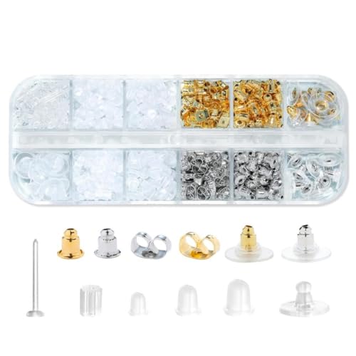 Image of 12 Styles 600 Pcs Earring Backs for Studs,Earring back stopper， Clear Plastic Earrings Hypoallergenic Metal Rubber Silicone Earring Backs Bullet Clutch Stoppers Replacement Kits for Fish Hook Earring Studs Hoops