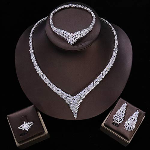 Jorsnovs 4PCS Arabic Dubai Indian Jewelry Set for Women Bride Cubic Zirconia Pageant Necklace Dangle Earrings Bracelet Open Ring Set Bridal Jewelry for Wedding Prom Evening Wear Anniversary Birthday Engagement Valentine's Day Gifts for Her3
