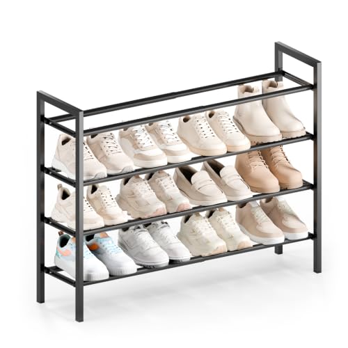 Image of Bumusty 4-Tier Expandable Shoe Rack for Closet, 18 inch-33 inch Adjustable Shoe Rack for Small Space, Small Shoe Organizer for Front Door, Sturdy Metal, Black