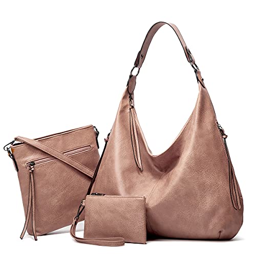 Pahajim Bolsos de Mujer Bandolera Mujer Bolso Hobo PU Piel Bolso Grande Tote de Hombro Conjunto de Bolso y Cartera 3pcs para Shopper,Trabajo(Rosa)