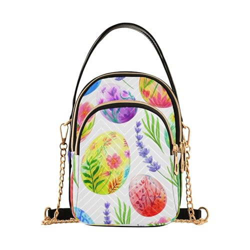 Colorful Floral Easter Eggs White One Shoulder Purse Women Quilted Phone Purse Chain Strap Handbag Cute Ladies Tote Crossbody Satchel
