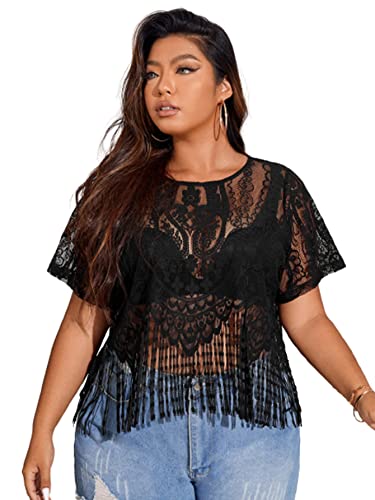 SOLY HUX Women's Plus Size Sheer Lace Tee Fringe Hem Short Sleeve See Through T Shirt Tops Concert Outfits