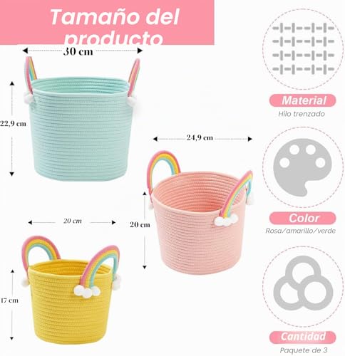 Pack 2 cestas de almacenamiento infantil de cuerda de algodón con arcoíris tricolor 7