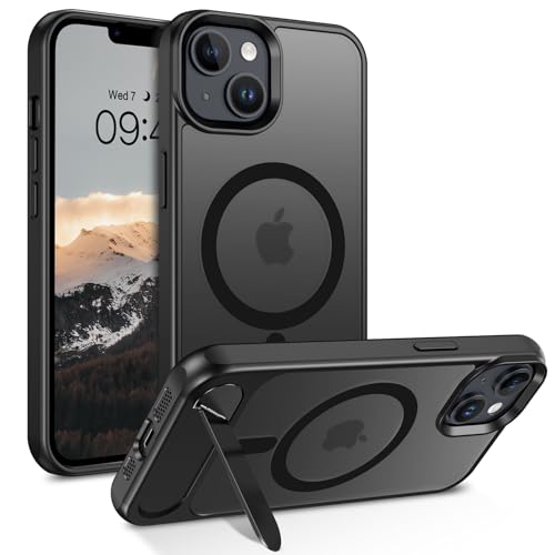 Image of DOMAVER Magnetic for iPhone 13 /14 Case with Stand, [Built-in Invisible Kickstand][Compatible with MagSafe] Slim Translucent Matte Shockproof Protective Phone Cover for iPhone 13 /14 6.1'', Black