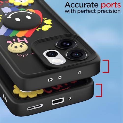 Image of Pikkme Back Cover for Oppo Reno 15 Pro Mini 5G | Soft Silicone| Cute Rainbow Smile & 3D Cartoon Flower Design | Shockproof Raised Camera Protection Bumper Case (Black)