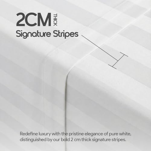 Image of LINENWALAS Cotton 300 Thread Count Double Size Bedsheet Set | 2 cm Sateen Stripe Design | Cloud-Soft, Breathable & Skin-Safe | Oeko-TEX Certified Hotel-Style Bedding (90 x 100, White)