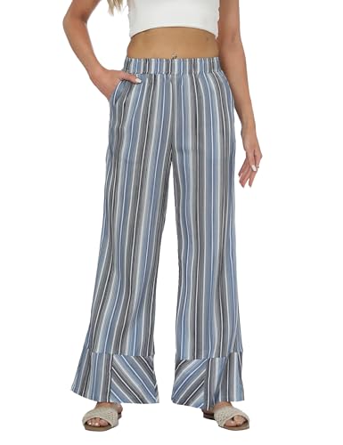 Women's Striped Pants Casual Wide Leg Palazzo Pant Slouchy Loose Beach Elastic Waist Trousers with Pockets
