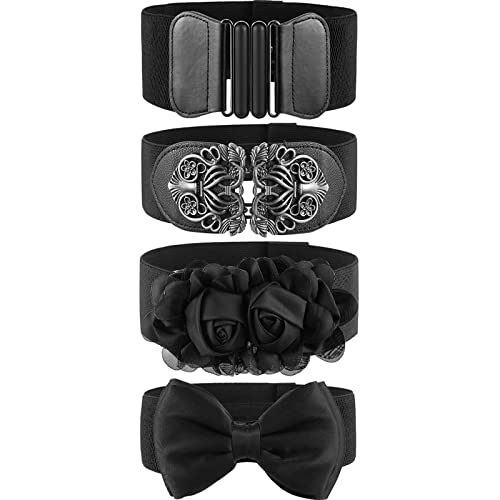 Chuangdi 4 Pieces Women Vintage Wide Waist Belt Black Belt for Dress Elastic Stretch Retro Waistband for Jeans Pants