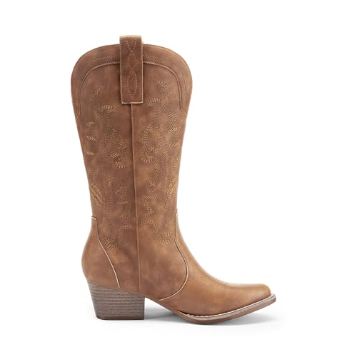 DREAM PAIRS Women's Cowboy Cowgirl Boots Embroidered Pointed Toe Low Heel Western Mid Calf Boot for Theme Party Country Concert,Size 11,All Brown,DWUMMB2503