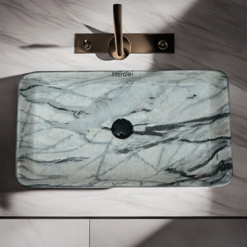 Image of Wash Basin Countertop | Tabletop Ceramic Bathroom Sink | Wash Basin Over Counter | (24 x 14 x 5 Inch) (Marble Beige Black)